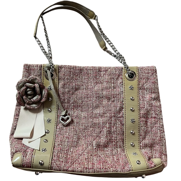 Brighton Handbags - Brighton Tweed Pink and Cream Shoulder Bag with Floral Accent NWOT